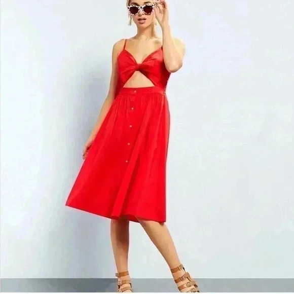 Gianni Bini Dresses & Skirts - GB Cotton Stretch Red Spaghetti Strap Peep Stomach Button Down Tank Sun Dress M